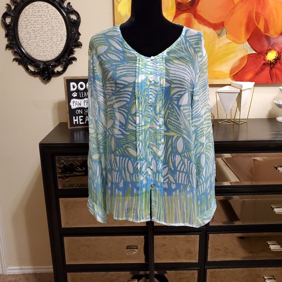 Tropical Sheer Button-Up Blouse - Picture 1 of 12